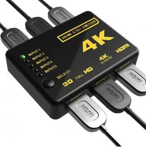 موزع HDMI 5 في 1 من ستار بـ5 منافذ مع جهاز تحكم عن بعد لاسلكي بالاشعة تحت الحمراء، يدعم كامل ثلاثي الابعاد 4 كيه × 2 كيه لتلفزيون HD/ DVD/ STB/ الكمبيوتر